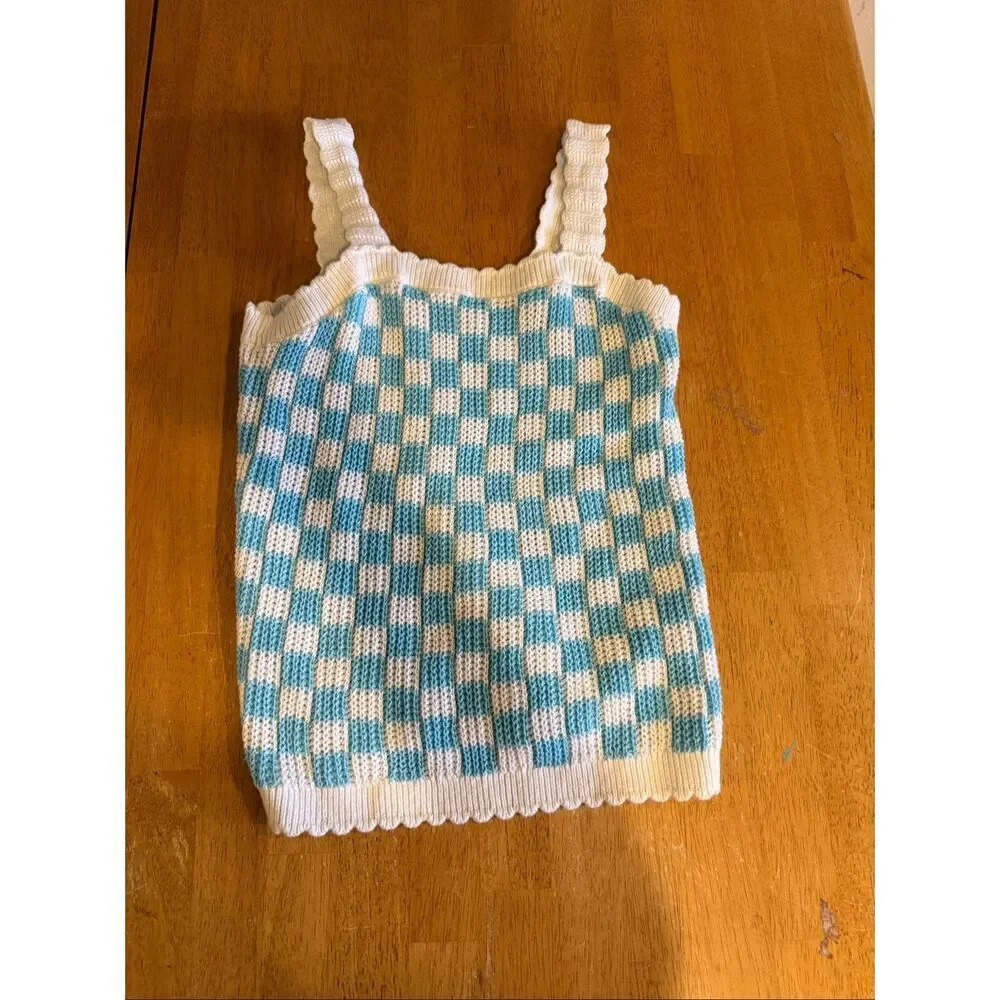 Old Navy Blue White Checkered Knit Tank Top Girls 14/16 Y2K